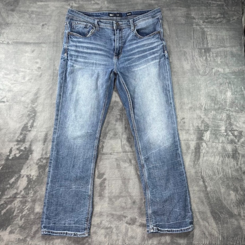 BKE Tyler Straight Jeans Mens 36x32 Fits 36x30 Blue Stretch Stretch Whiskers